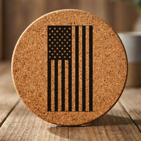 Round cork coaster laser engraved with an American flag, vertical design