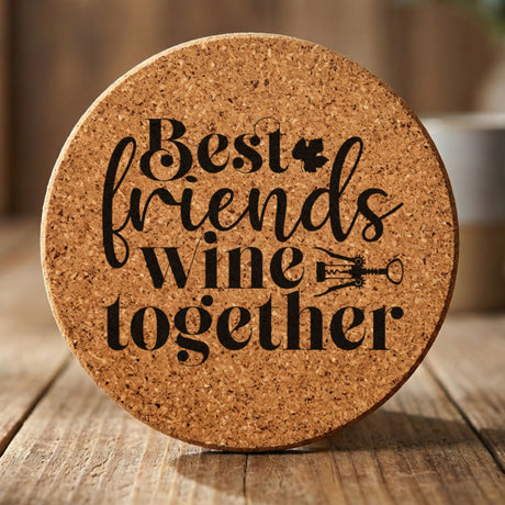 Round cork coaster laser engraved with "Best Friends Wine Together"
