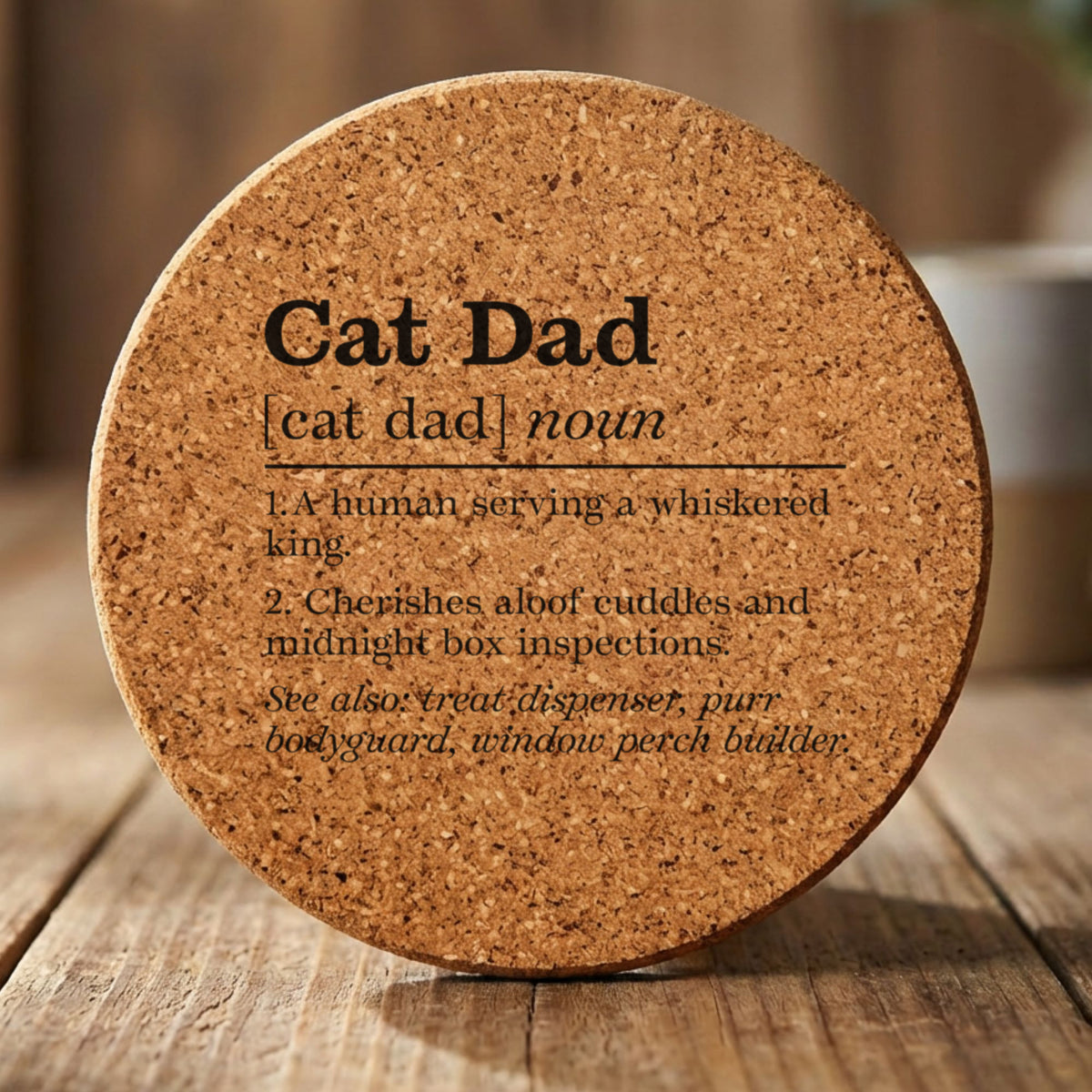 Round cork coaster laser engraved with the Cat Dad definition