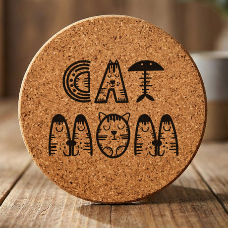 Round cork coaster laser engraved with "Cat Mom", illustrated design