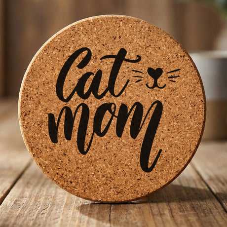 Round cork coaster laser engraved with "Cat Mom", whiskers design