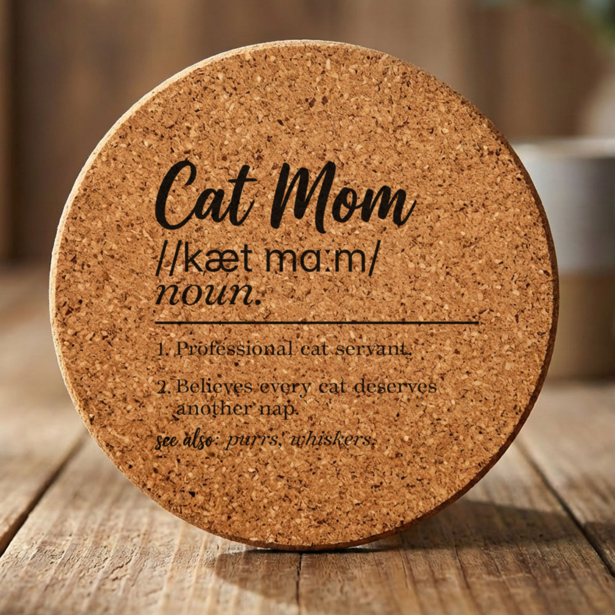 Round cork coaster laser engraved with the Cat Mom definition