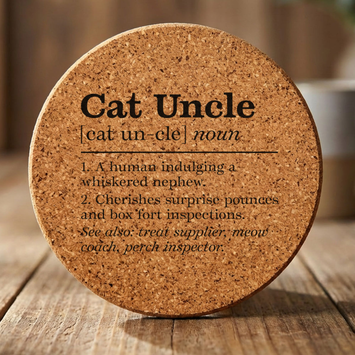 Round cork coaster laser engraved with the Cat Uncle definition