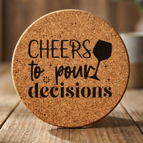 Round cork coaster laser engraved with "Cheers to Pour Decisions"