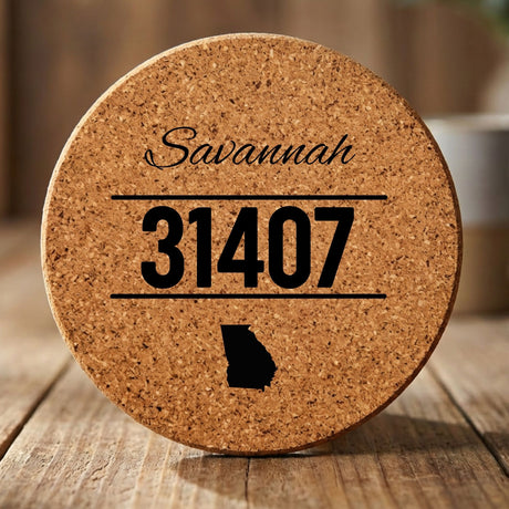 Round cork coaster laser engraved with a custom zip code design
