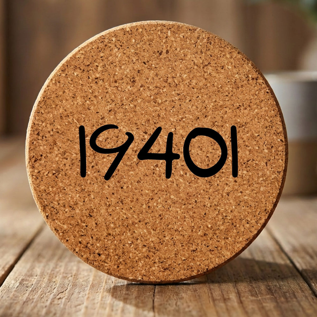 Round cork coaster laser engraved with a custom zip code design