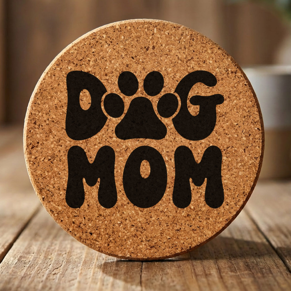 Round cork coaster laser engraved with a retro bubble letter Dog Mom design with a paw print