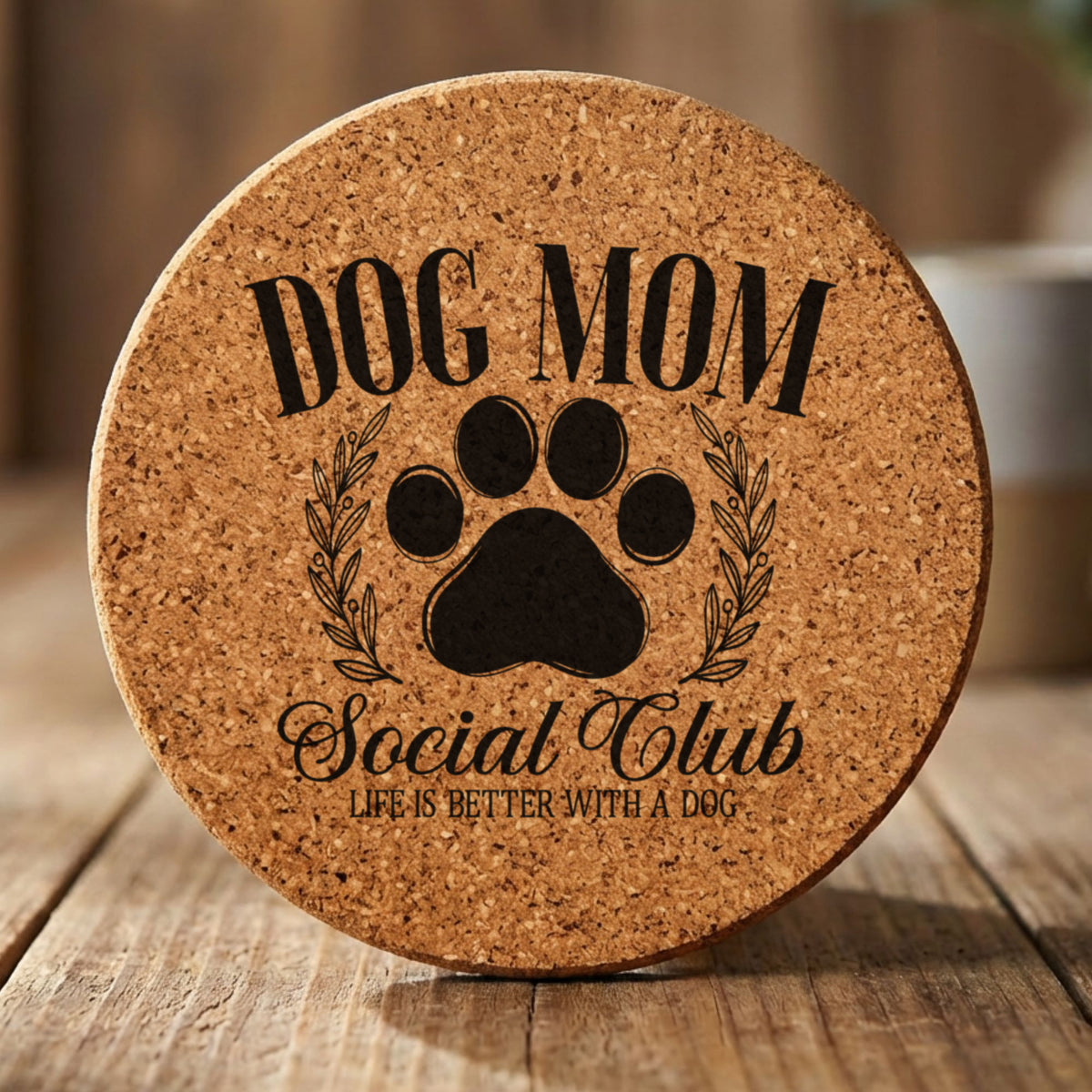 Round cork coaster laser engraved with a Dog Mom Social Club crest design with a paw print and laurel wreath