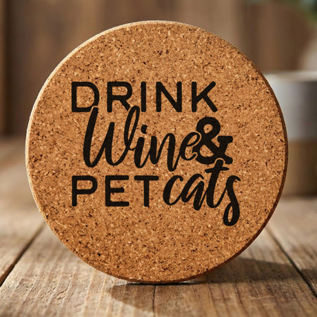Round cork coaster laser engraved with "Drink Wine and Pet Cats"