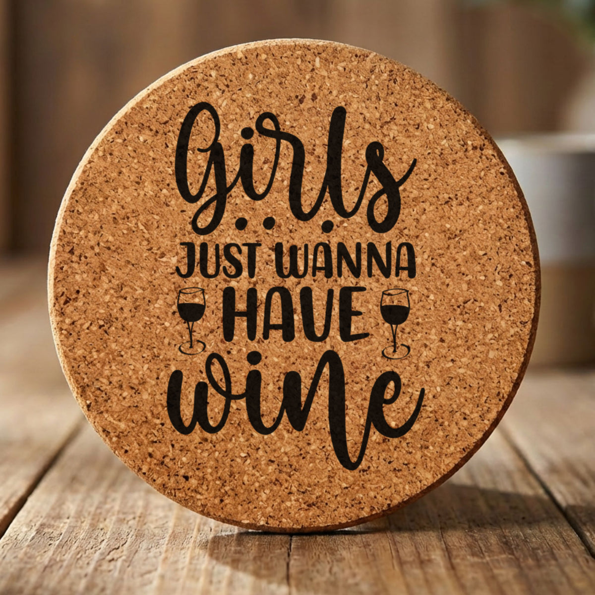 Round cork coaster laser engraved with "Girls Just Wanna Have Wine", classic design