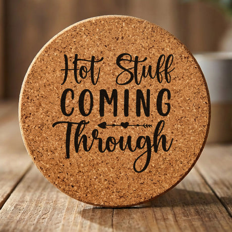 Round cork coaster laser engraved with "Hot Stuff Coming Through"
