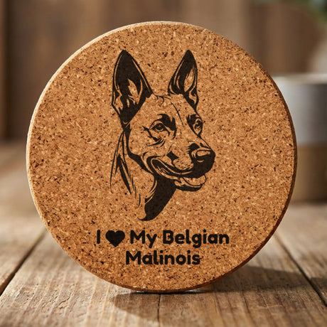 Round cork coaster laser engraved with a Belgian Malinois portrait and "I Love My Belgian Malinois"