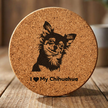 Round cork coaster laser engraved with a Chihuahua portrait and "I Love My Chihuahua"