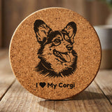 Round cork coaster laser engraved with a Corgi portrait and "I Love My Corgi"