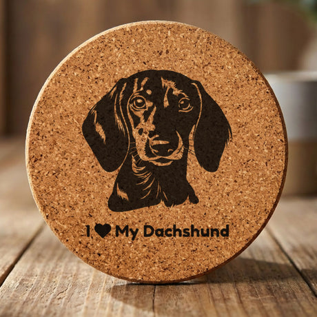 Round cork coaster laser engraved with a Dachshund portrait and "I Love My Dachshund"
