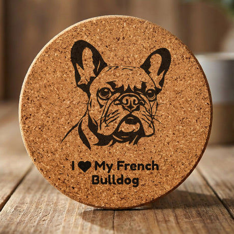 Round cork coaster laser engraved with a French Bulldog portrait and "I Love My French Bulldog"