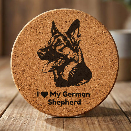 Round cork coaster laser engraved with a German Shepherd portrait and "I Love My German Shepherd"