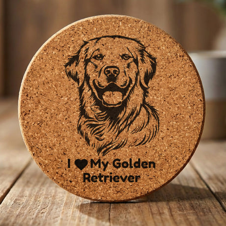 Round cork coaster laser engraved with a Golden Retriever portrait and "I Love My Golden Retriever"