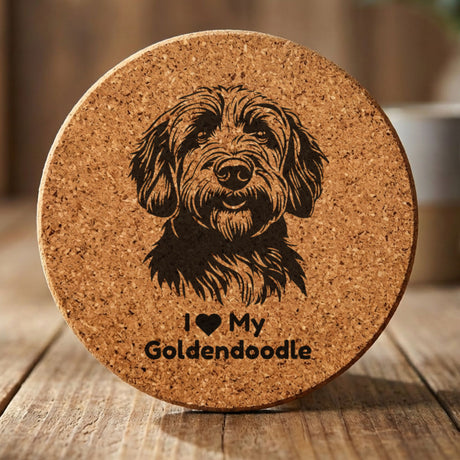 Round cork coaster laser engraved with a Goldendoodle portrait and "I Love My Goldendoodle"