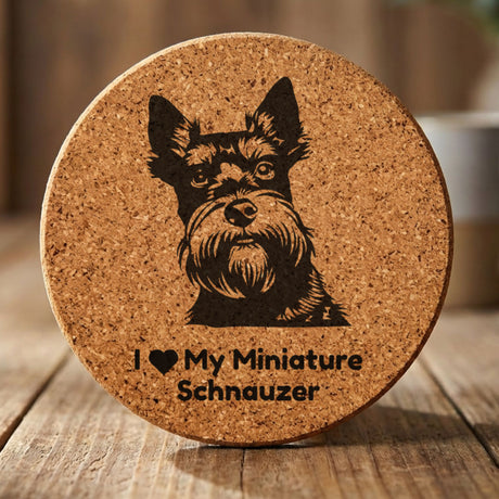 Round cork coaster laser engraved with a Miniature Schnauzer portrait and "I Love My Miniature Schnauzer"