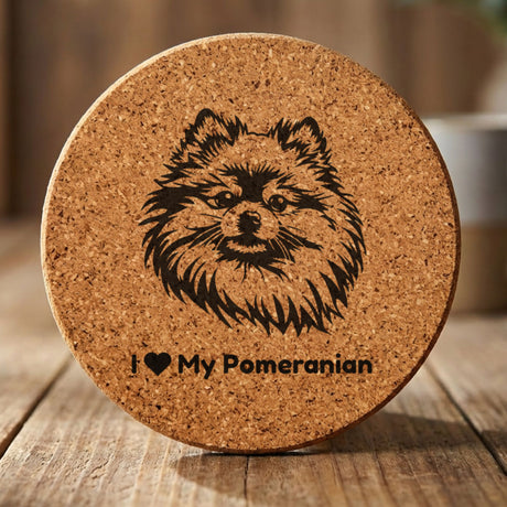 Round cork coaster laser engraved with a Pomeranian portrait and "I Love My Pomeranian"