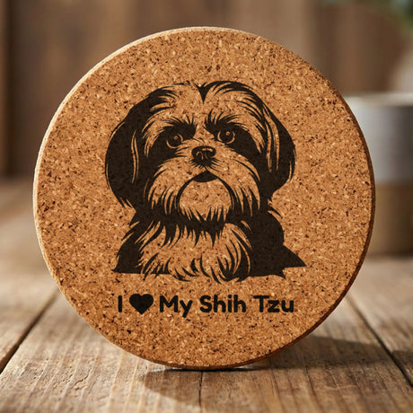Round cork coaster laser engraved with a Shih Tzu portrait and "I Love My Shih Tzu"