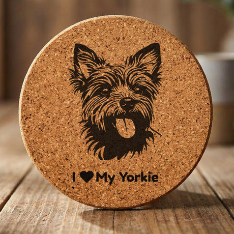Round cork coaster laser engraved with a Yorkie portrait and "I Love My Yorkie"