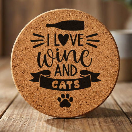 Round cork coaster laser engraved with "I Love Wine and Cats"