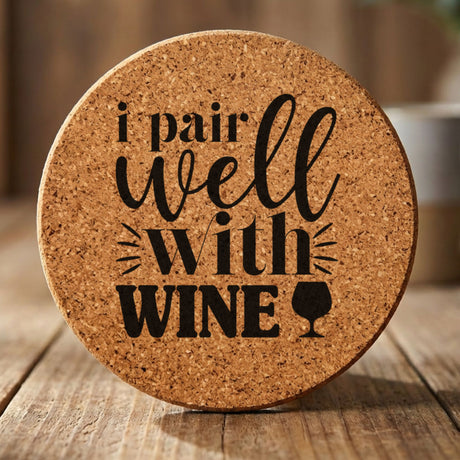 Round cork coaster laser engraved with "I Pair Well with Wine"