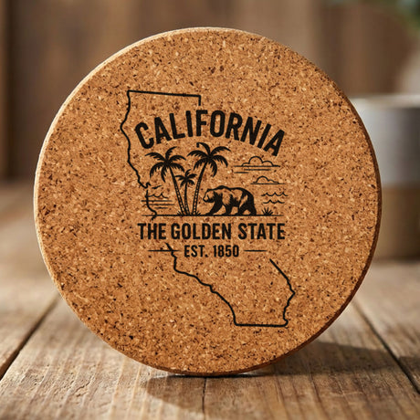 California round cork coaster engraved with the state outline, palm trees, the ocean and a grizzly bear, "The Golden State"