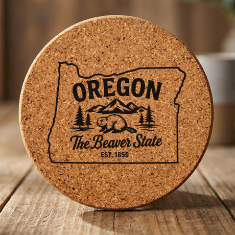Oregon round cork coaster engraved with the state outline, a beaver, mountains and pines, "The Beaver State"