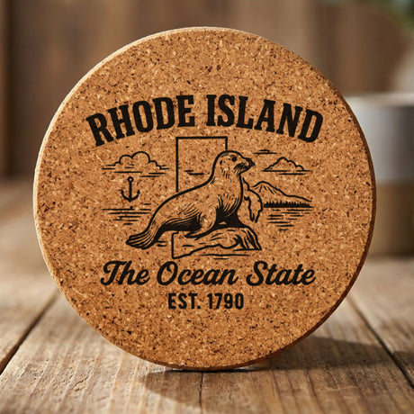 Rhode Island round cork coaster engraved with the state outline, a harbor seal and an anchor, "The Ocean State"