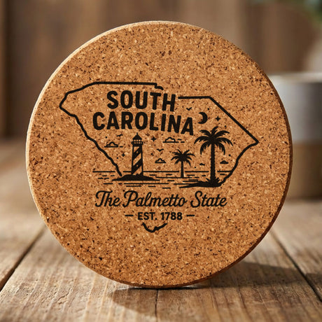 South Carolina round cork coaster engraved with the state outline, a striped lighthouse, palm trees and a beach under a crescent moon, "The Palmetto State"