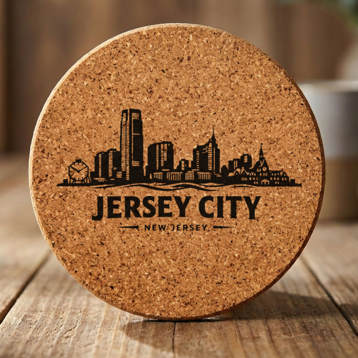 Round cork coaster laser engraved with the Jersey City, New Jersey skyline