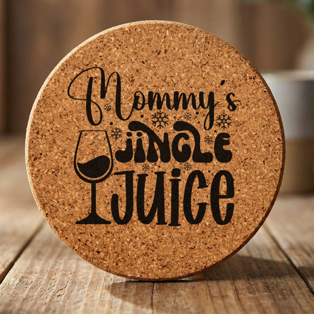 Round cork coaster laser engraved with "Mommy's Jingle Juice"