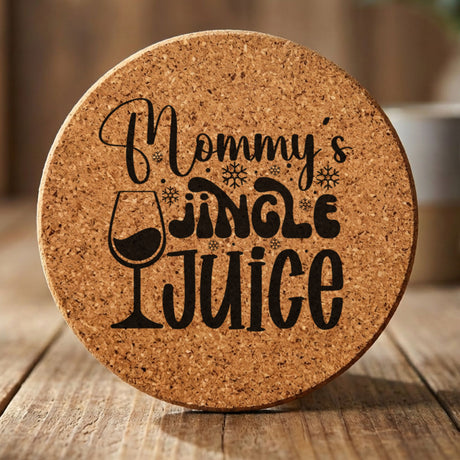 Round cork coaster laser engraved with "Mommy's Jingle Juice"