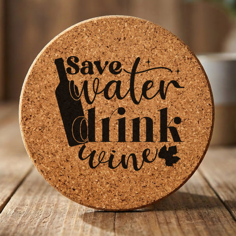 Round cork coaster laser engraved with "Save Water, Drink Wine", classic design