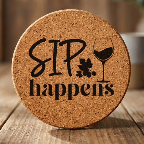 Round cork coaster laser engraved with "Sip Happens"