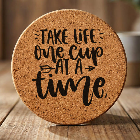 Round cork coaster laser engraved with "Take Life One Cup at a Time"