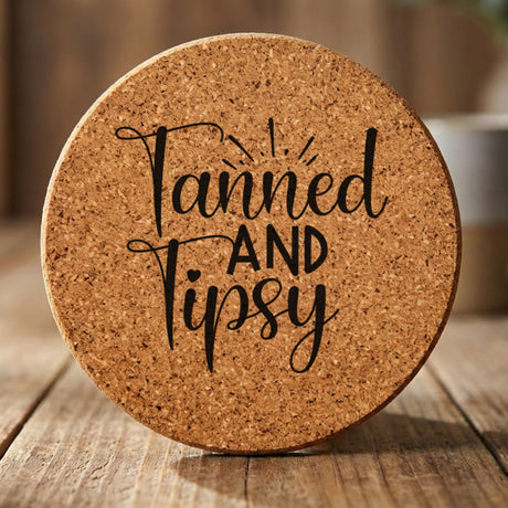 Round cork coaster laser engraved with "Tanned and Tipsy"