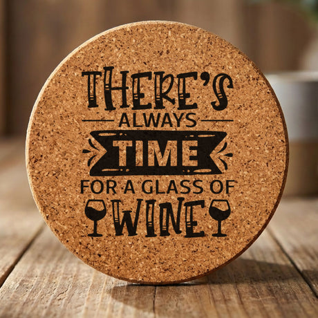 Round cork coaster laser engraved with "There's Always Time for a Glass of Wine"