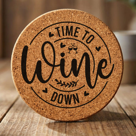 Round cork coaster laser engraved with "Time to Wine Down", round design