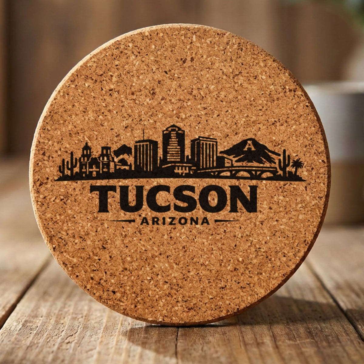 Round cork coaster laser engraved with the Tucson, Arizona skyline