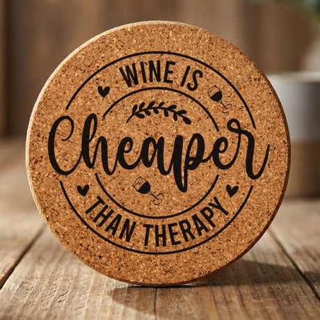 Round cork coaster laser engraved with "Wine Is Cheaper Than Therapy"