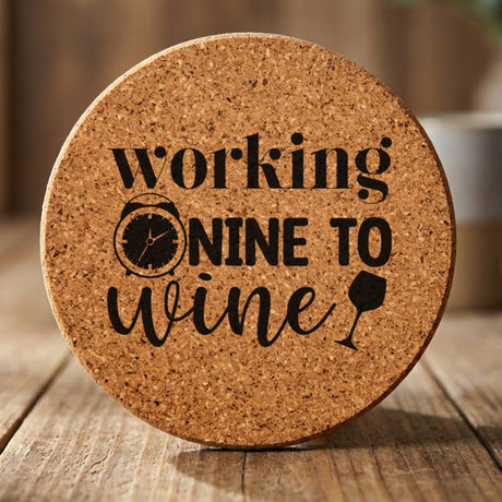 Round cork coaster laser engraved with "Working Nine to Wine"