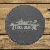 Round slate coaster laser engraved with the Albuquerque, New Mexico skyline