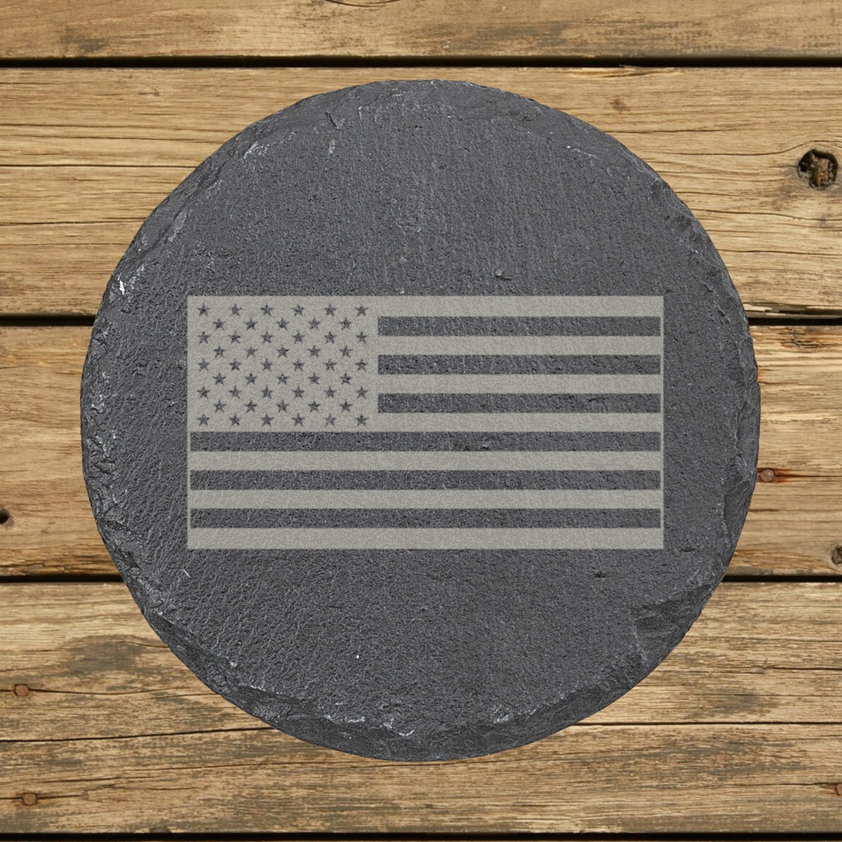 Round slate coaster laser engraved with an American flag, classic design
