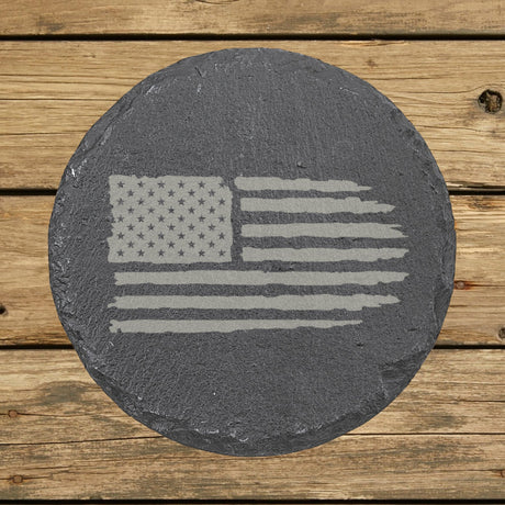 Round slate coaster laser engraved with an American flag, distressed design