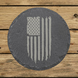 Round slate coaster laser engraved with an American flag, distressed vertical design