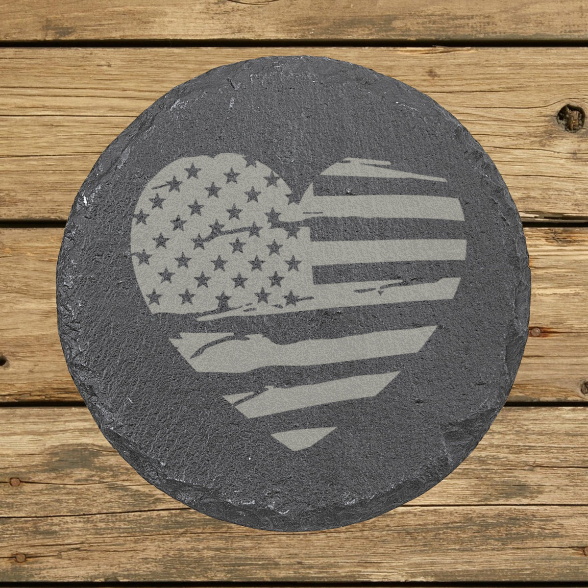 Round slate coaster laser engraved with an American flag, heart design